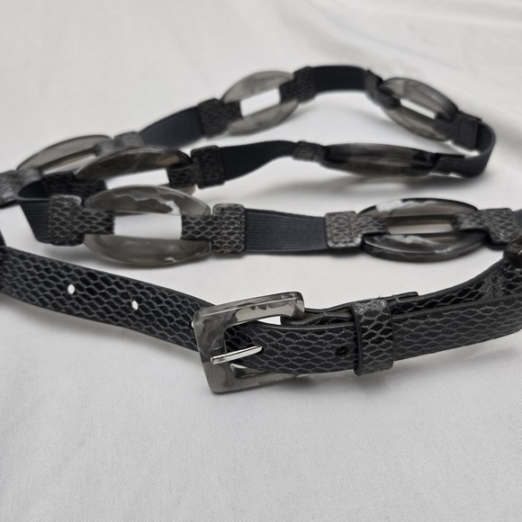 Chico's Accessories - Chicos Elastic Resin Snake Embossed Leather Belt Gray Boho Career Art To Wear